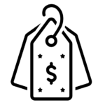 A black and white icon of a price tag with stars.