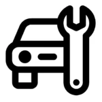 A car with a wrench and a screwdriver in black on a white background